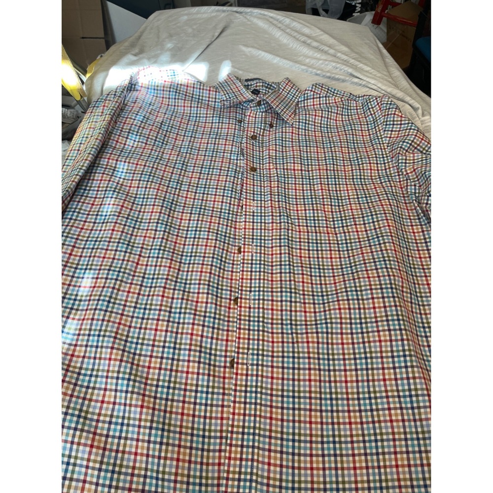 Overton‎ Mens Plaid Button Down Shirt Long Sleeve Wrinkle Free Cotton XL